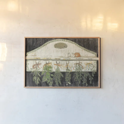 Herbs on Pegs Black by Carol Rowan. shown as a paper print in a natural frame. Available as a archival giclee rolled canvas, fine art paper, or poster print. SKU 50544i.