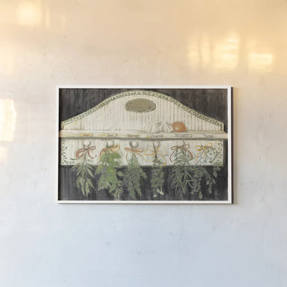 Herbs on Pegs Black by Carol Rowan. shown as a paper print in a white frame. Available as a archival giclee rolled canvas, fine art paper, or poster print. SKU 50544i.