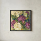 Hydrangea Delight I by Carol Rowan. Shown in a sleek black glass frame for a contemporary gallery look. Available as an archival giclee rolled canvas, fine art paper, or poster print. SKU 2414a.