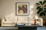 Hydrangea Delight I by Carol Rowan. Displayed in a glass frame with matte in a clean modern living room. Available as an archival giclee rolled canvas, fine art paper, or poster print. SKU 2414a.