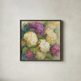 Hydrangea Delight II by Carol Rowan. Shown in a sleek black glass frame for a contemporary gallery look. Available as an archival giclee rolled canvas, fine art paper, or poster print. SKU 2415a.