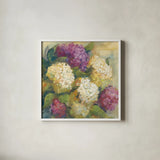 Hydrangea Delight II by Carol Rowan. Shown in a crisp white glass frame for a clean and minimalist style. Available as an archival giclee rolled canvas, fine art paper, or poster print. SKU 2415a.