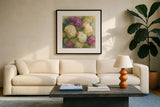 Hydrangea Delight II by Carol Rowan. Displayed in a glass frame with matte in a clean modern living room. Available as an archival giclee rolled canvas, fine art paper, or poster print. SKU 2415a.