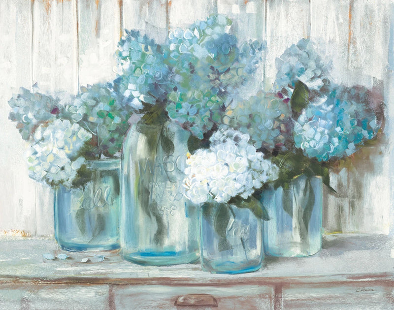 Hydrangeas in Glass Jars Blue by Carol Rowan