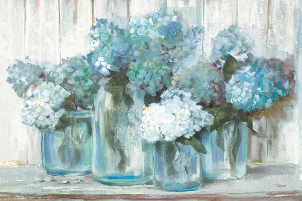 Hydrangeas in Glass Jars Blue Crop by Carol Rowan. SKU 46617i. Archival Giclee Fine art print for wall decor.