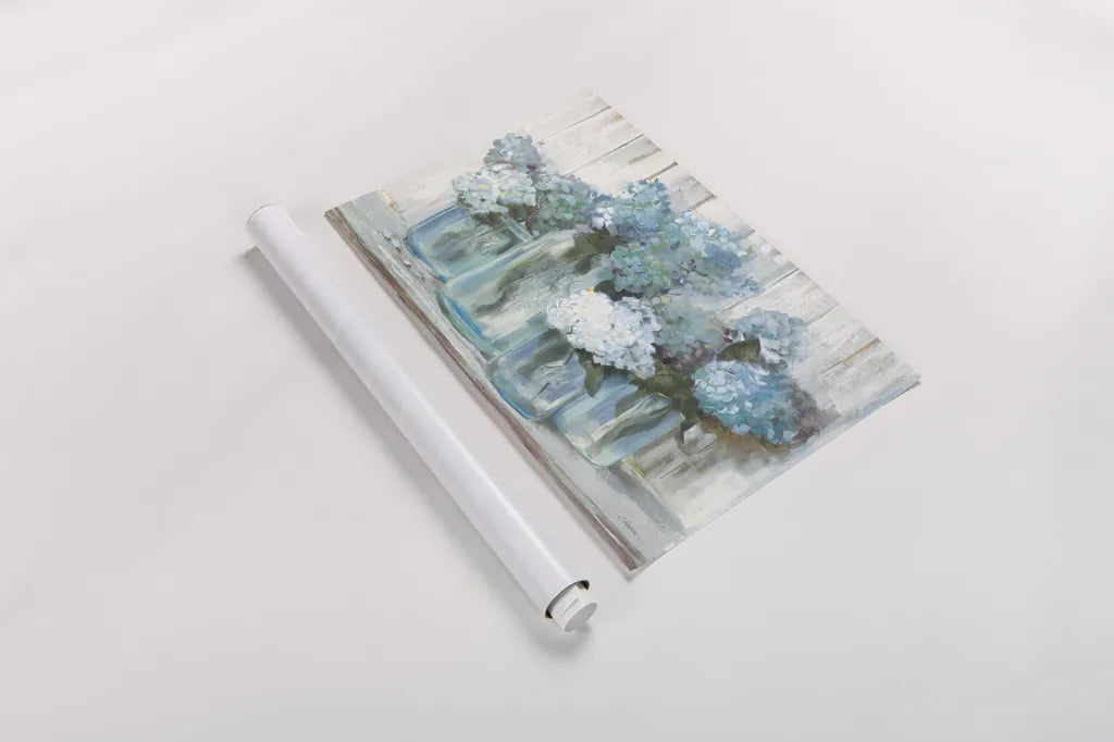 Hydrangeas in Glass Jars Blue Crop by Carol Rowan. shown as a rolled paper print. Available as archival giclee rolled canvas, fine art paper, or poster print. SKU 46617i.