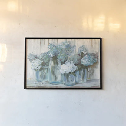 Hydrangeas in Glass Jars Blue Crop by Carol Rowan. shown as a paper print in a black flame. Available as a archival giclee rolled canvas, fine art paper, or poster print. SKU 46617i.