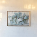 Hydrangeas in Glass Jars Blue Crop by Carol Rowan. shown as a paper print in a natural frame. Available as a archival giclee rolled canvas, fine art paper, or poster print. SKU 46617i.