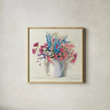Ironstone Bouquet I Bright by Carol Rowan. Shown in a natural wood glass frame for a timeless modern aesthetic. Available as an archival giclee rolled canvas, fine art paper, or poster print. SKU 46642a.