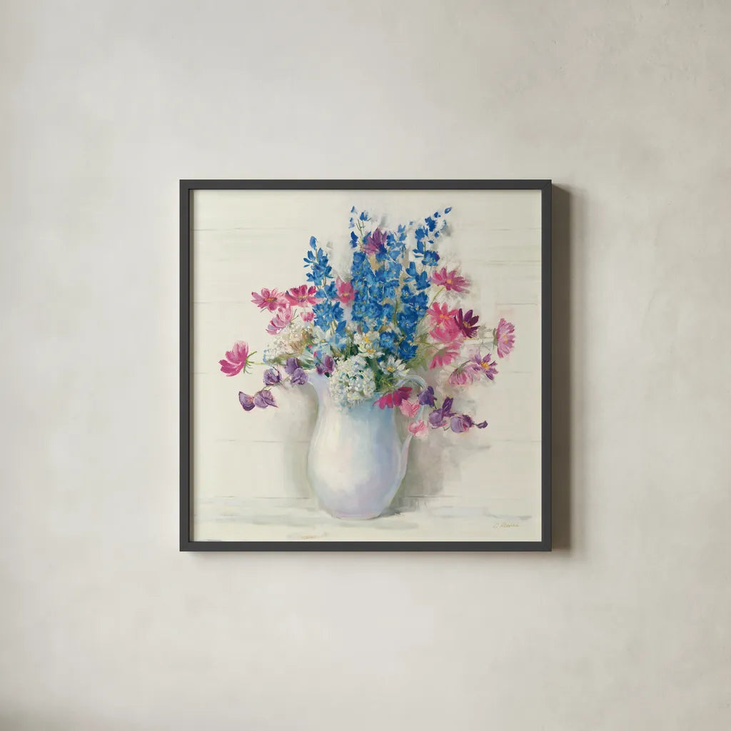 Ironstone Bouquet II Bright by Carol Rowan. Shown in a sleek black glass frame for a contemporary gallery look. Available as an archival giclee rolled canvas, fine art paper, or poster print. SKU 46643a.