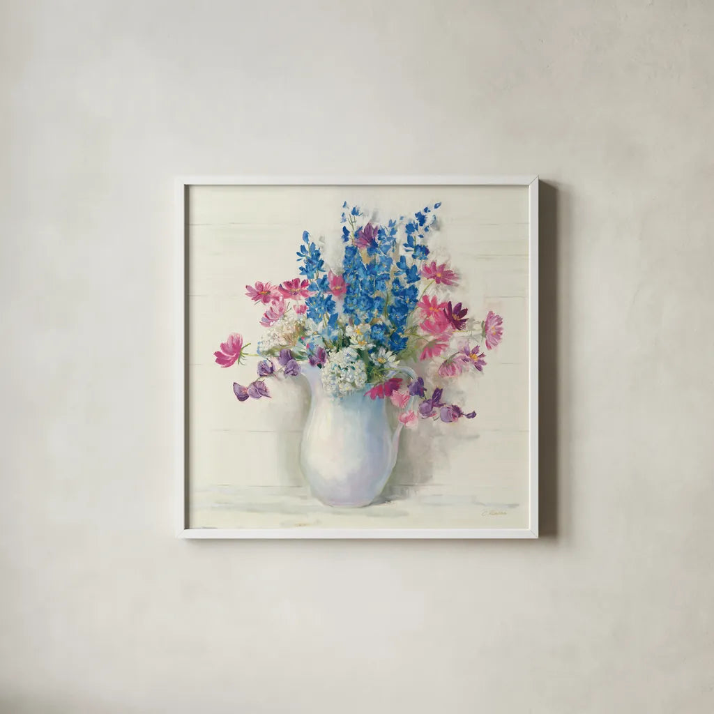 Ironstone Bouquet II Bright by Carol Rowan. Shown in a crisp white glass frame for a clean and minimalist style. Available as an archival giclee rolled canvas, fine art paper, or poster print. SKU 46643a.