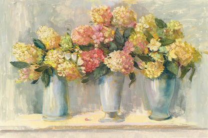 Ivory and Blush Hydrangea Bouquets by Carol Rowan. SKU 38638i. Archival Giclee Fine art print for wall decor.