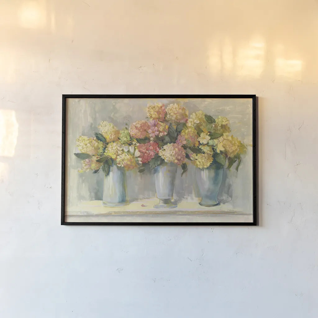 Ivory and Blush Hydrangea Bouquets by Carol Rowan. shown as a paper print in a black flame. Available as a archival giclee rolled canvas, fine art paper, or poster print. SKU 38638i.