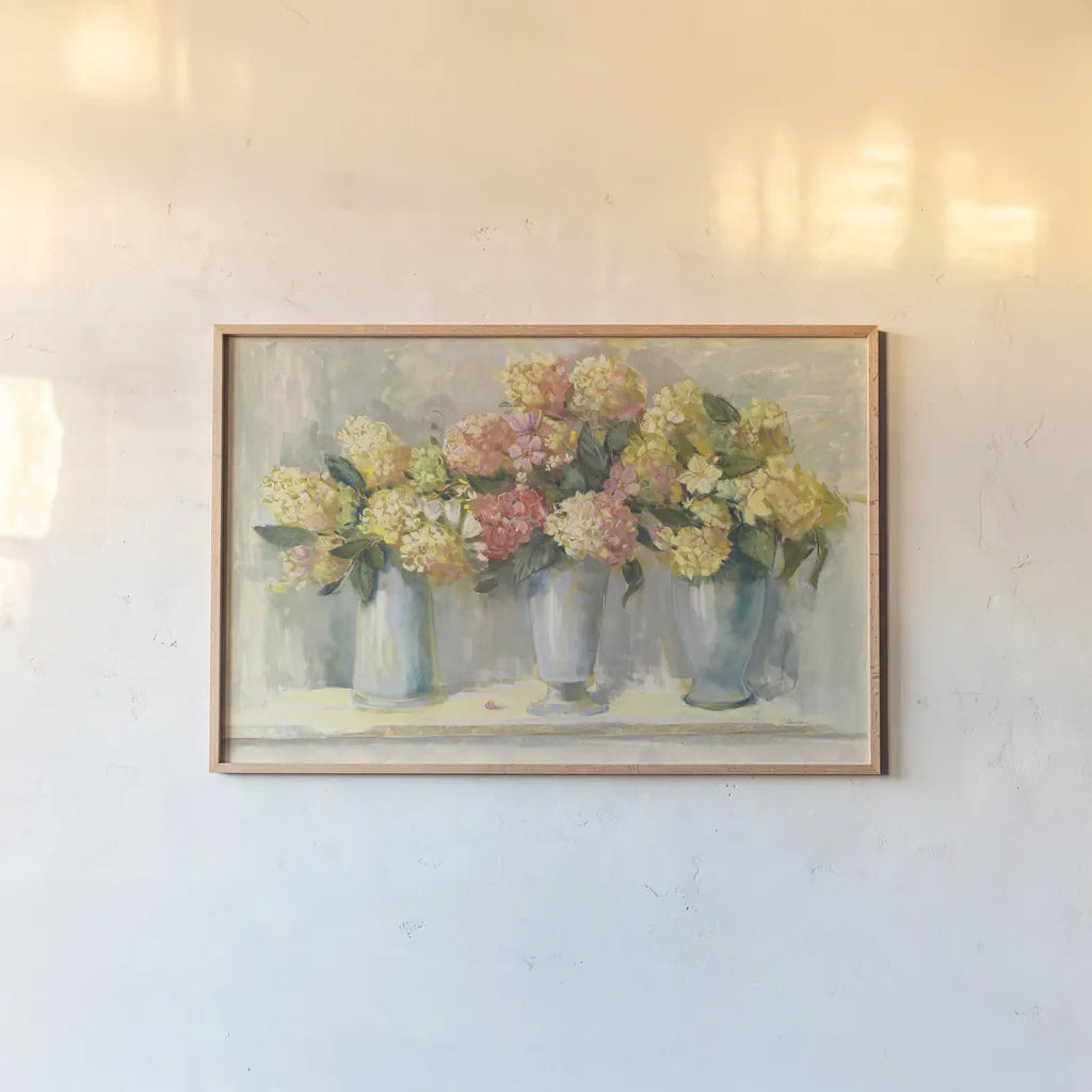 Ivory and Blush Hydrangea Bouquets by Carol Rowan. shown as a paper print in a natural frame. Available as a archival giclee rolled canvas, fine art paper, or poster print. SKU 38638i.