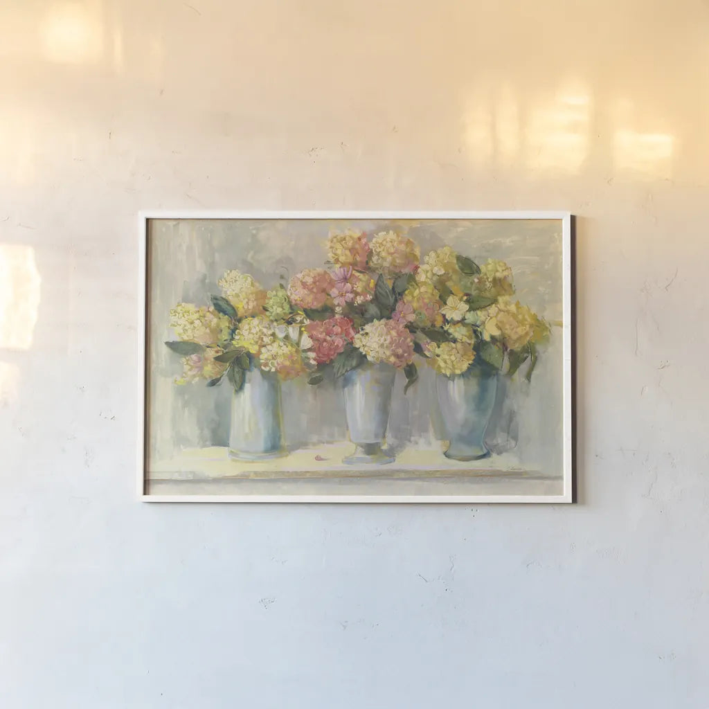Ivory and Blush Hydrangea Bouquets by Carol Rowan. shown as a paper print in a white frame. Available as a archival giclee rolled canvas, fine art paper, or poster print. SKU 38638i.