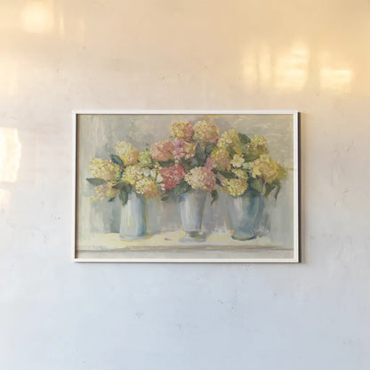 Ivory and Blush Hydrangea Bouquets by Carol Rowan. shown as a paper print in a white frame. Available as a archival giclee rolled canvas, fine art paper, or poster print. SKU 38638i.