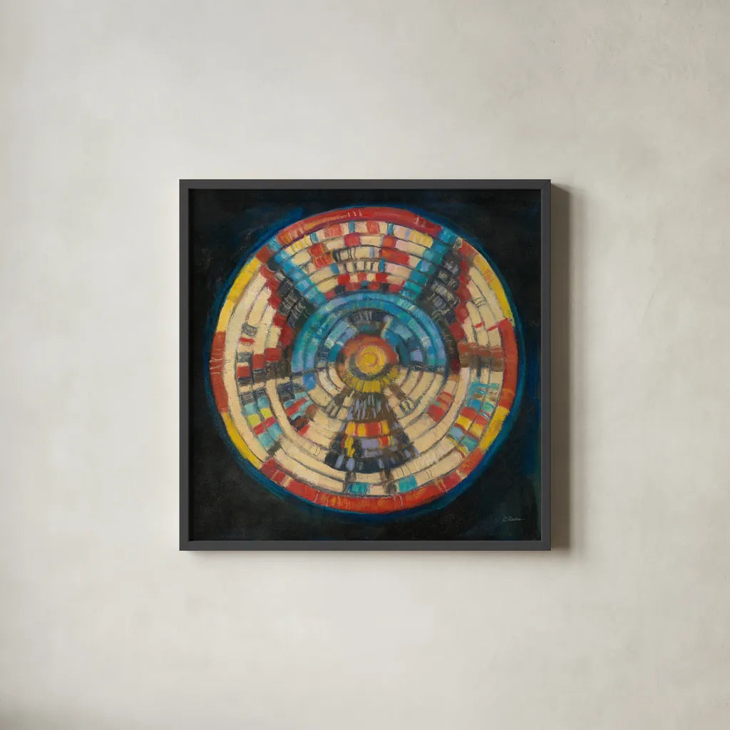 Kachina Basket by Carol Rowan. Shown in a sleek black glass frame for a contemporary gallery look. Available as an archival giclee rolled canvas, fine art paper, or poster print. SKU 38635a.