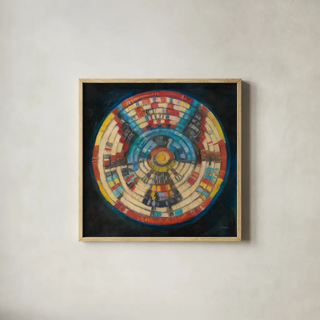 Kachina Basket by Carol Rowan. Shown in a natural wood glass frame for a timeless modern aesthetic. Available as an archival giclee rolled canvas, fine art paper, or poster print. SKU 38635a.