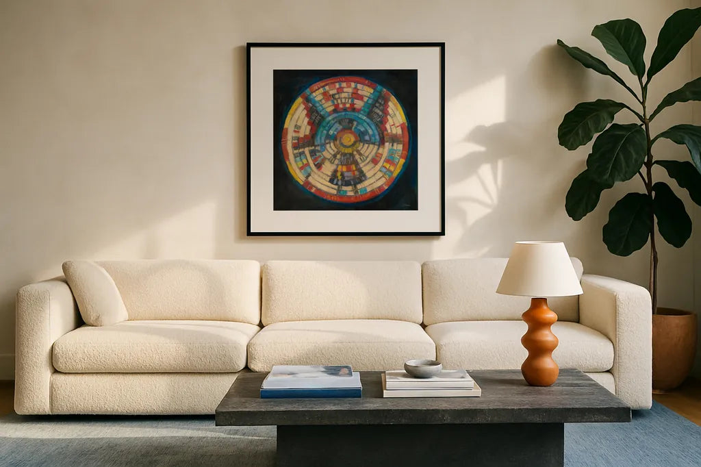 Kachina Basket by Carol Rowan. Displayed in a glass frame with matte in a clean modern living room. Available as an archival giclee rolled canvas, fine art paper, or poster print. SKU 38635a.