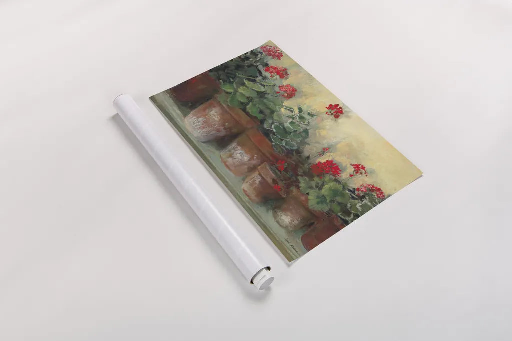 Kathleens Geraniums Crop by Carol Rowan. shown as a rolled paper print. Available as archival giclee rolled canvas, fine art paper, or poster print. SKU 7933i.