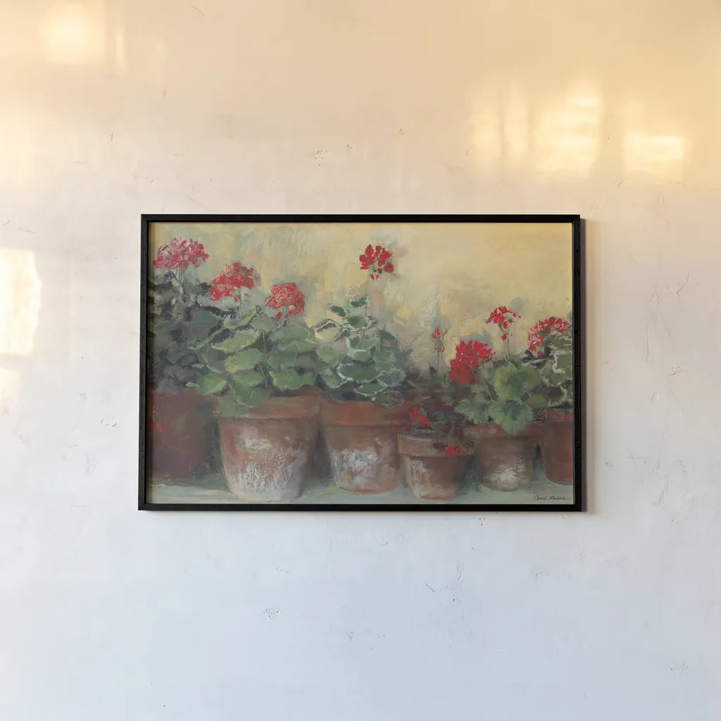 Kathleens Geraniums Crop by Carol Rowan. shown as a paper print in a black flame. Available as a archival giclee rolled canvas, fine art paper, or poster print. SKU 7933i.