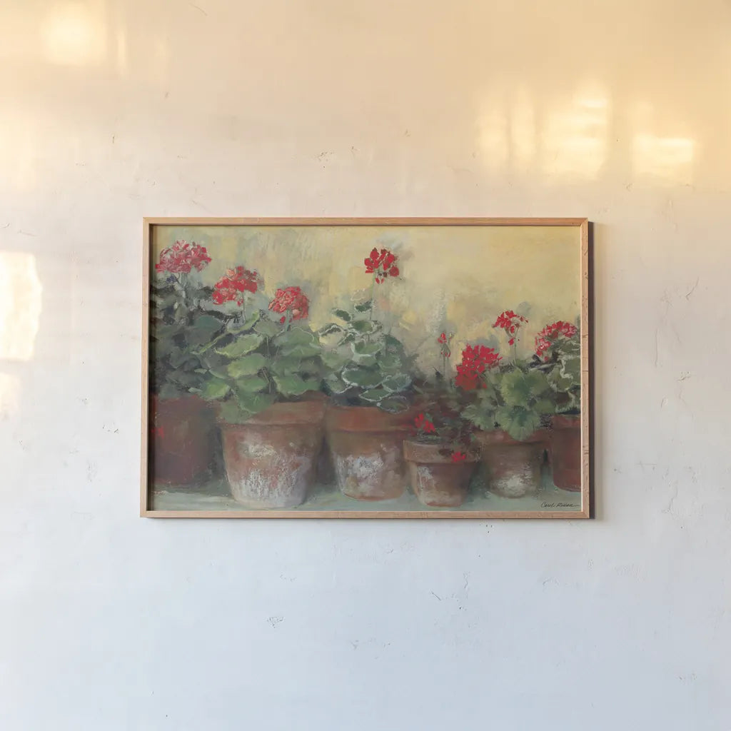 Kathleens Geraniums Crop by Carol Rowan. shown as a paper print in a natural frame. Available as a archival giclee rolled canvas, fine art paper, or poster print. SKU 7933i.