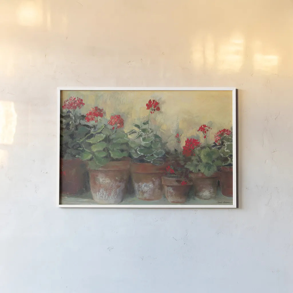 Kathleens Geraniums Crop by Carol Rowan. shown as a paper print in a white frame. Available as a archival giclee rolled canvas, fine art paper, or poster print. SKU 7933i.