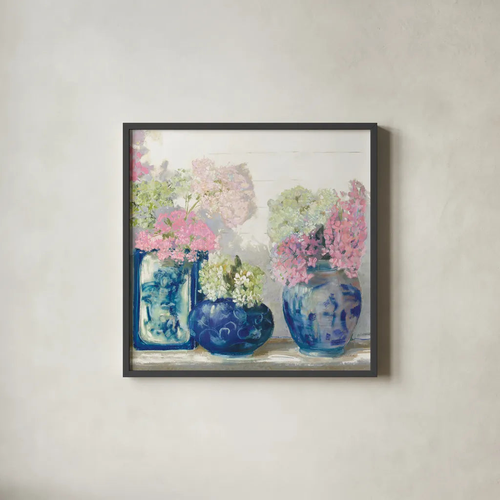 Ladys Mantle II Bright by Carol Rowan. Shown in a sleek black glass frame for a contemporary gallery look. Available as an archival giclee rolled canvas, fine art paper, or poster print. SKU 55310a.