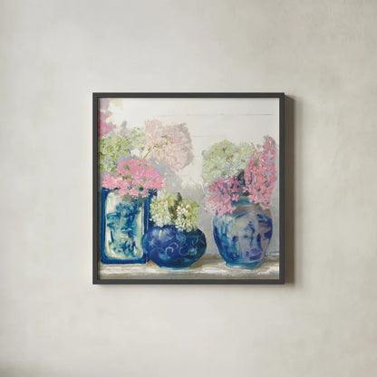 Ladys Mantle II Bright by Carol Rowan. Shown in a sleek black glass frame for a contemporary gallery look. Available as an archival giclee rolled canvas, fine art paper, or poster print. SKU 55310a.
