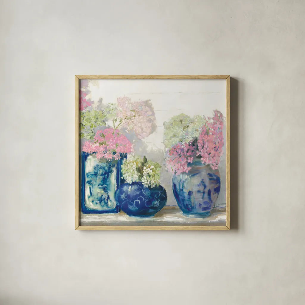 Ladys Mantle II Bright by Carol Rowan. Shown in a natural wood glass frame for a timeless modern aesthetic. Available as an archival giclee rolled canvas, fine art paper, or poster print. SKU 55310a.