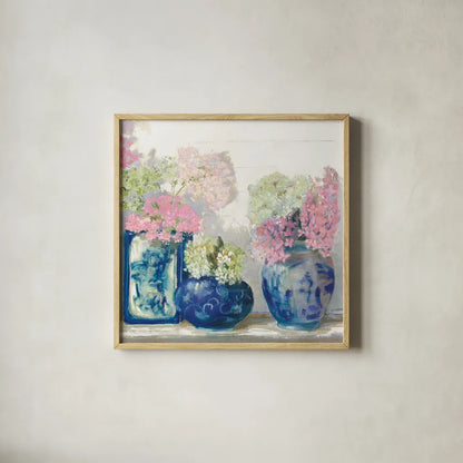 Ladys Mantle II Bright by Carol Rowan. Shown in a natural wood glass frame for a timeless modern aesthetic. Available as an archival giclee rolled canvas, fine art paper, or poster print. SKU 55310a.