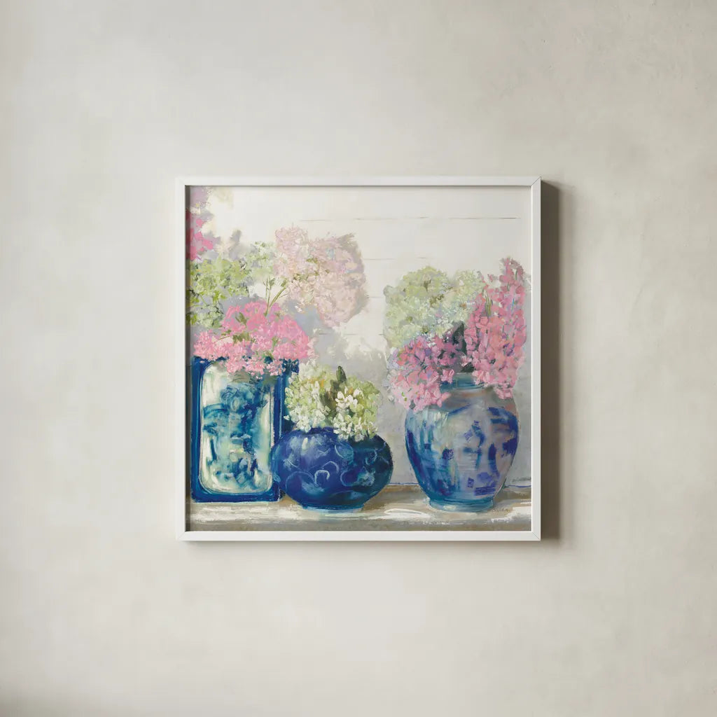 Ladys Mantle II Bright by Carol Rowan. Shown in a crisp white glass frame for a clean and minimalist style. Available as an archival giclee rolled canvas, fine art paper, or poster print. SKU 55310a.