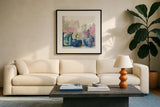 Ladys Mantle II Bright by Carol Rowan. Displayed in a glass frame with matte in a clean modern living room. Available as an archival giclee rolled canvas, fine art paper, or poster print. SKU 55310a.