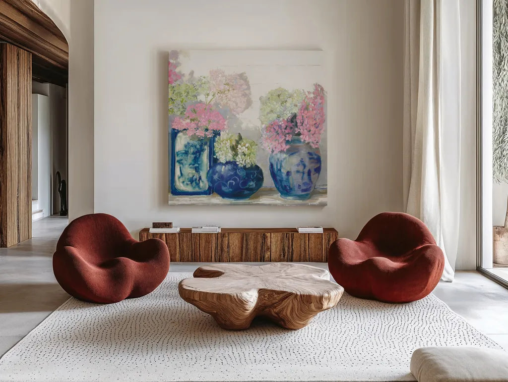 Ladys Mantle II Bright by Carol Rowan. Shown as extra-large giant wall art in a modern living room. Available as an archival giclee rolled canvas, fine art paper, or poster print. SKU 55310a.