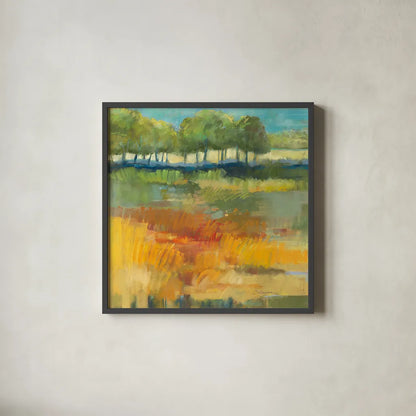 Late Summer Landscape I by Carol Rowan. Shown in a sleek black glass frame for a contemporary gallery look. Available as an archival giclee rolled canvas, fine art paper, or poster print. SKU 8980a.