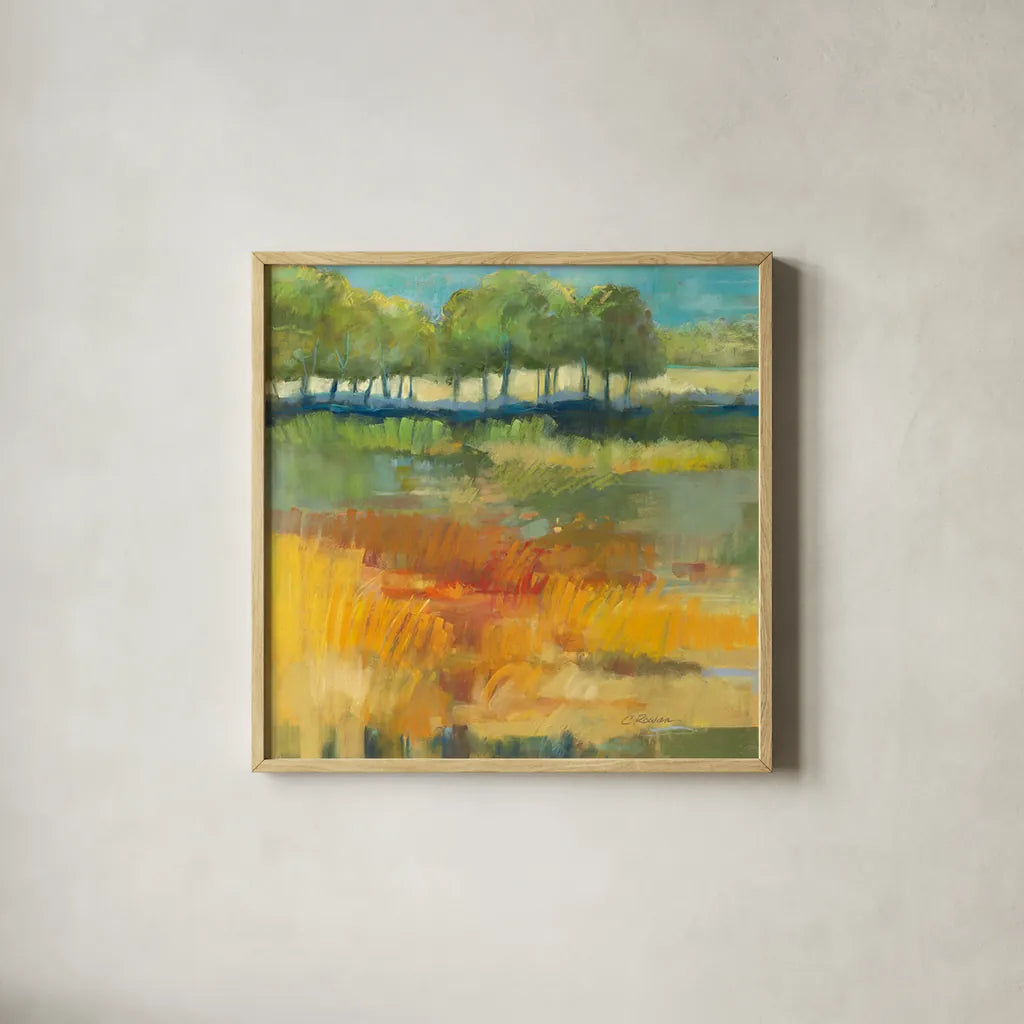Late Summer Landscape I by Carol Rowan. Shown in a natural wood glass frame for a timeless modern aesthetic. Available as an archival giclee rolled canvas, fine art paper, or poster print. SKU 8980a.