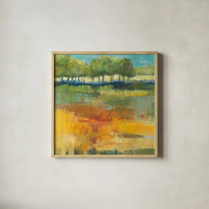 Late Summer Landscape I by Carol Rowan. Shown in a natural wood glass frame for a timeless modern aesthetic. Available as an archival giclee rolled canvas, fine art paper, or poster print. SKU 8980a.
