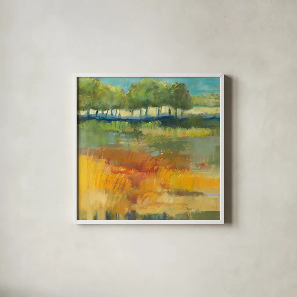 Late Summer Landscape I by Carol Rowan. Shown in a crisp white glass frame for a clean and minimalist style. Available as an archival giclee rolled canvas, fine art paper, or poster print. SKU 8980a.