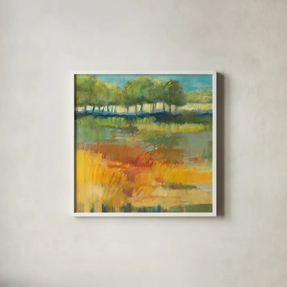 Late Summer Landscape I by Carol Rowan. Shown in a crisp white glass frame for a clean and minimalist style. Available as an archival giclee rolled canvas, fine art paper, or poster print. SKU 8980a.