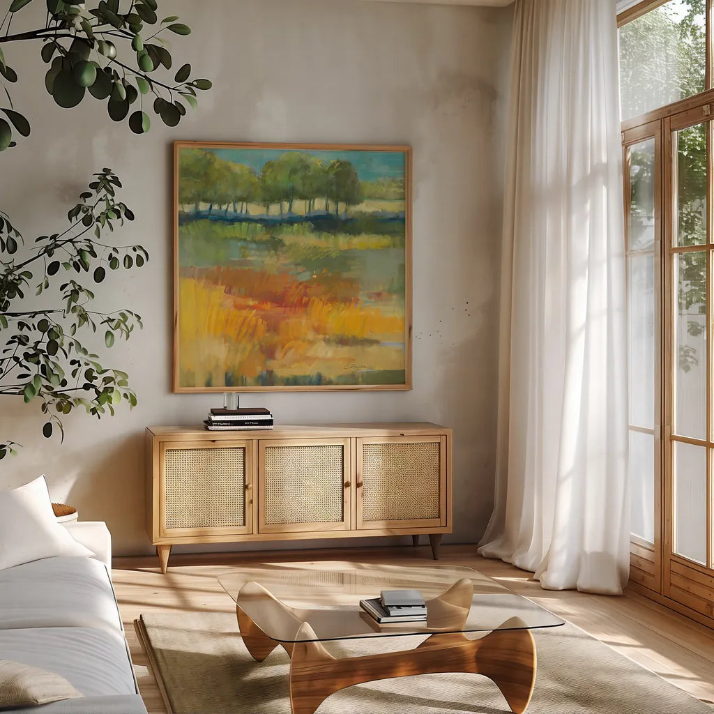 Late Summer Landscape I by Carol Rowan. Shown in a natural wood frame in a cozy modern living room. Available as an archival giclee rolled canvas, fine art paper, or poster print. SKU 8980a.