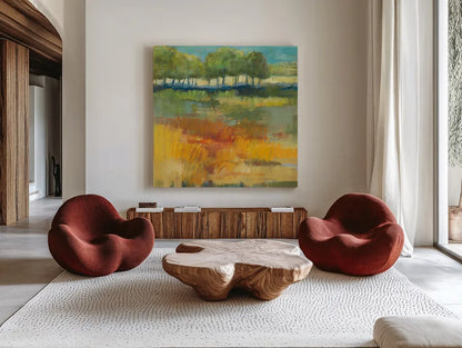 Late Summer Landscape I by Carol Rowan. Shown as extra-large giant wall art in a modern living room. Available as an archival giclee rolled canvas, fine art paper, or poster print. SKU 8980a.