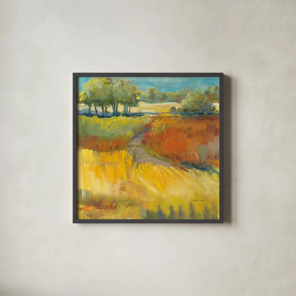 Late Summer Landscape II by Carol Rowan. Shown in a sleek black glass frame for a contemporary gallery look. Available as an archival giclee rolled canvas, fine art paper, or poster print. SKU 8981a.