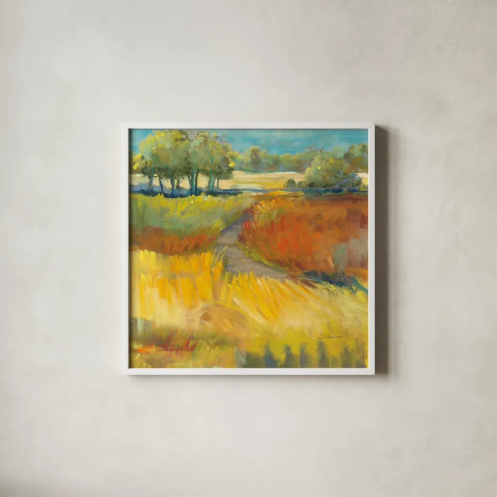 Late Summer Landscape II by Carol Rowan. Shown in a crisp white glass frame for a clean and minimalist style. Available as an archival giclee rolled canvas, fine art paper, or poster print. SKU 8981a.