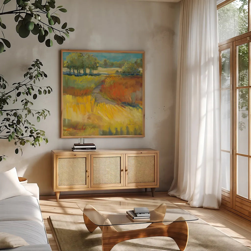Late Summer Landscape II by Carol Rowan. Shown in a natural wood frame in a cozy modern living room. Available as an archival giclee rolled canvas, fine art paper, or poster print. SKU 8981a.