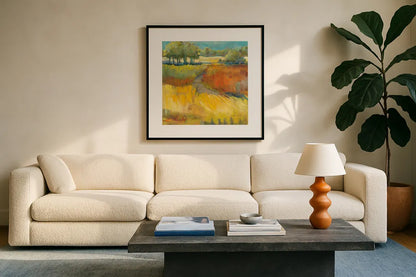 Late Summer Landscape II by Carol Rowan. Displayed in a glass frame with matte in a clean modern living room. Available as an archival giclee rolled canvas, fine art paper, or poster print. SKU 8981a.