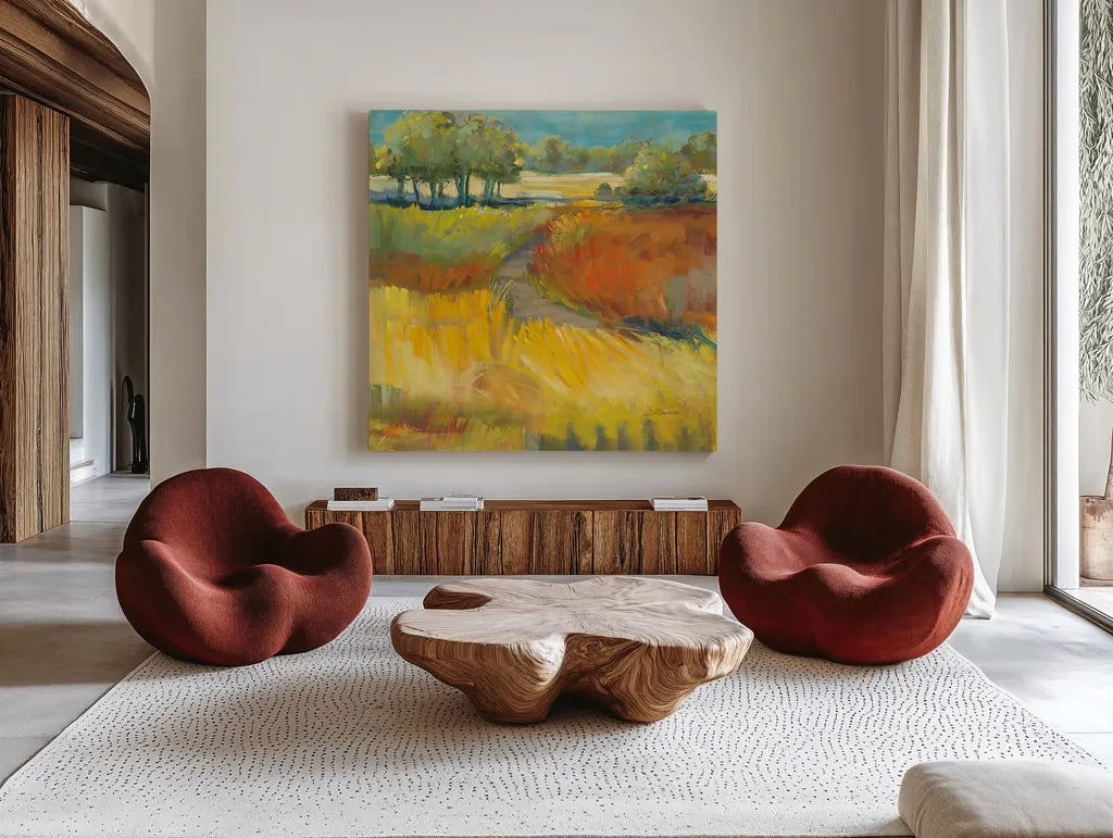 Late Summer Landscape II by Carol Rowan. Shown as extra-large giant wall art in a modern living room. Available as an archival giclee rolled canvas, fine art paper, or poster print. SKU 8981a.