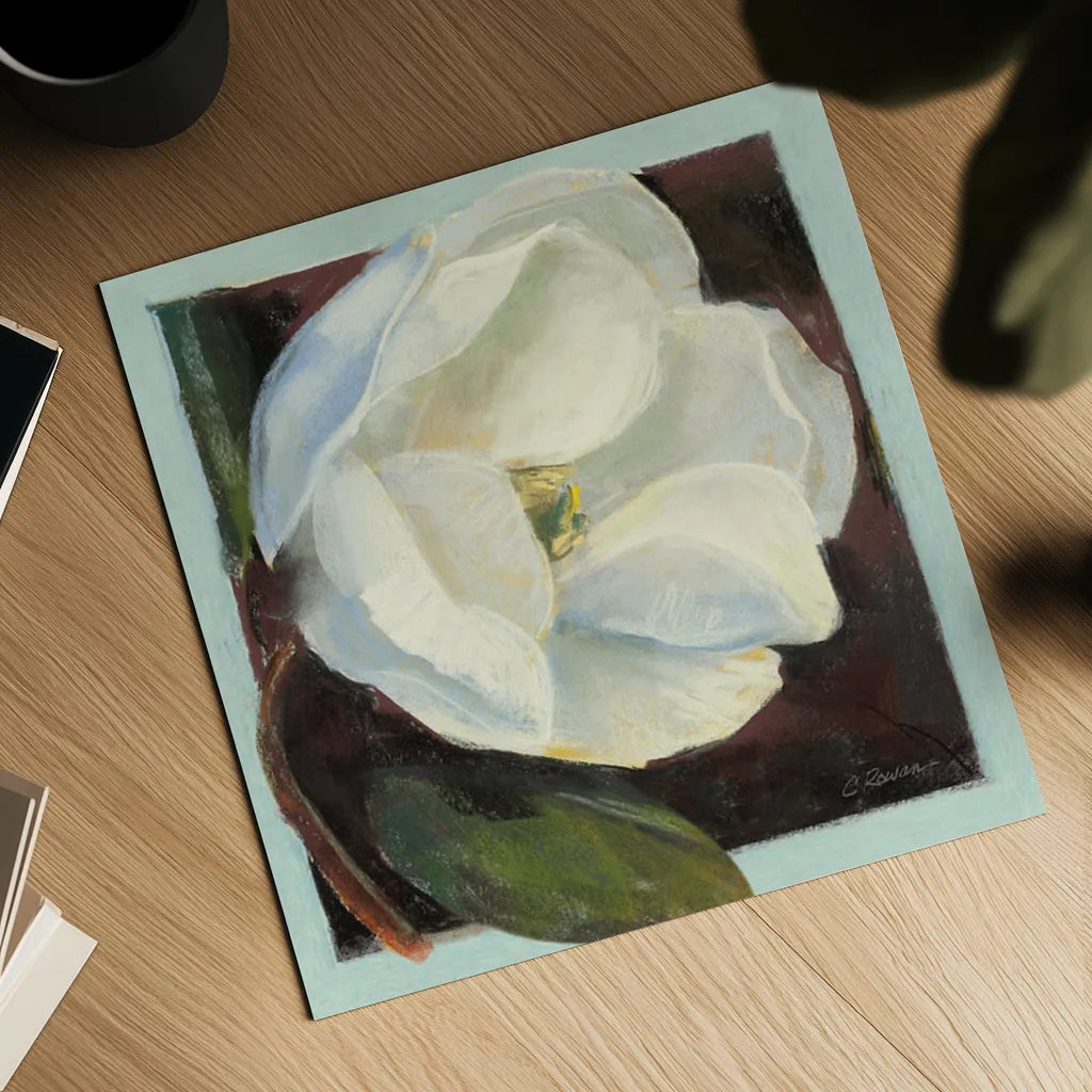 Magnolia I by Carol Rowan. Shown as a detailed flat fine art print, highlighting archival giclee quality. Available as an archival giclee rolled canvas, fine art paper, or poster print. SKU 7859a.