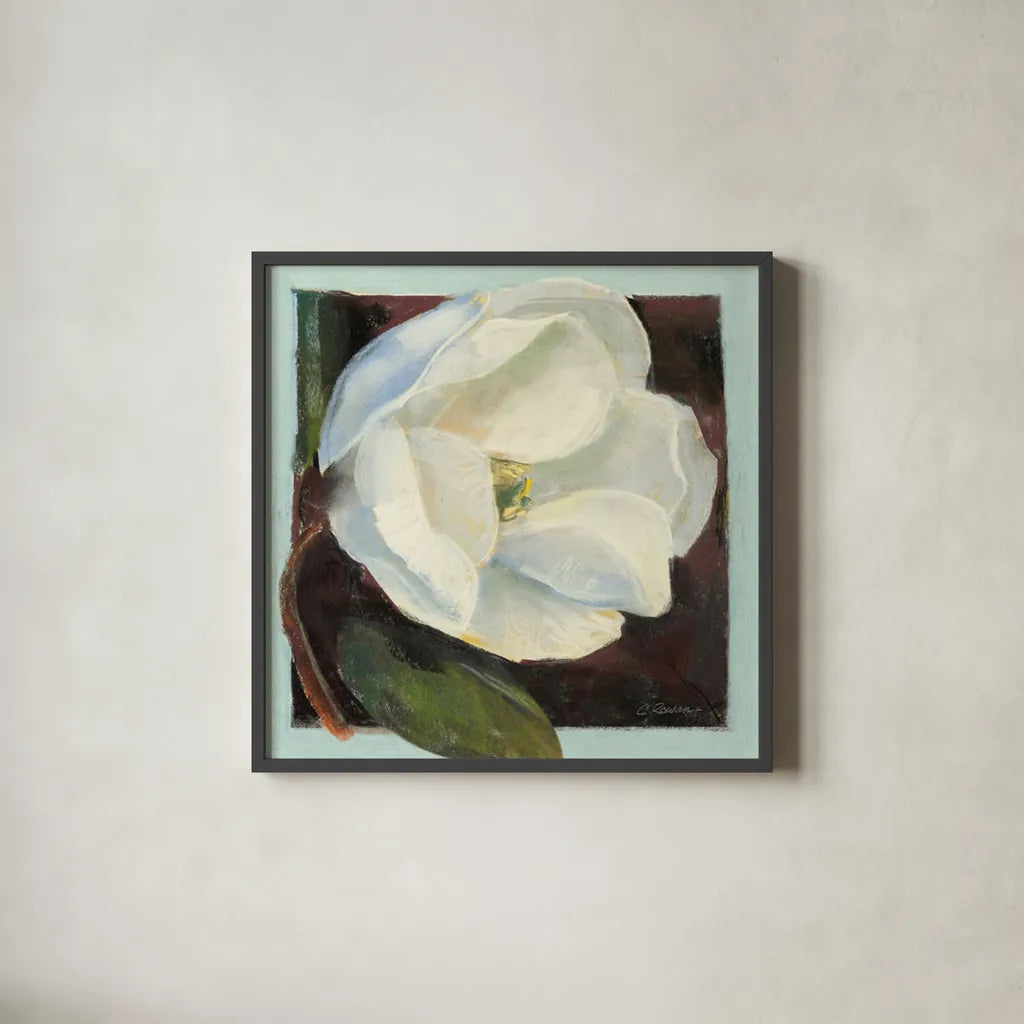 Magnolia I by Carol Rowan. Shown in a sleek black glass frame for a contemporary gallery look. Available as an archival giclee rolled canvas, fine art paper, or poster print. SKU 7859a.