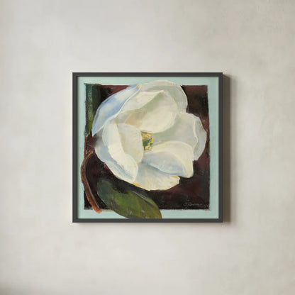 Magnolia I by Carol Rowan. Shown in a sleek black glass frame for a contemporary gallery look. Available as an archival giclee rolled canvas, fine art paper, or poster print. SKU 7859a.