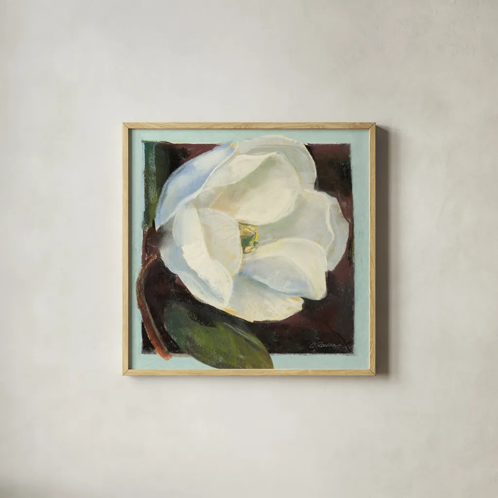 Magnolia I by Carol Rowan. Shown in a natural wood glass frame for a timeless modern aesthetic. Available as an archival giclee rolled canvas, fine art paper, or poster print. SKU 7859a.